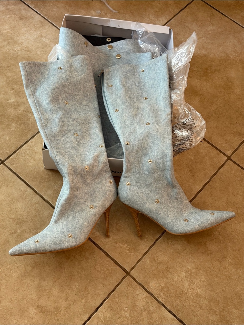 Stella High Heel Knee-High Boots in Light Blue with Stud Accents